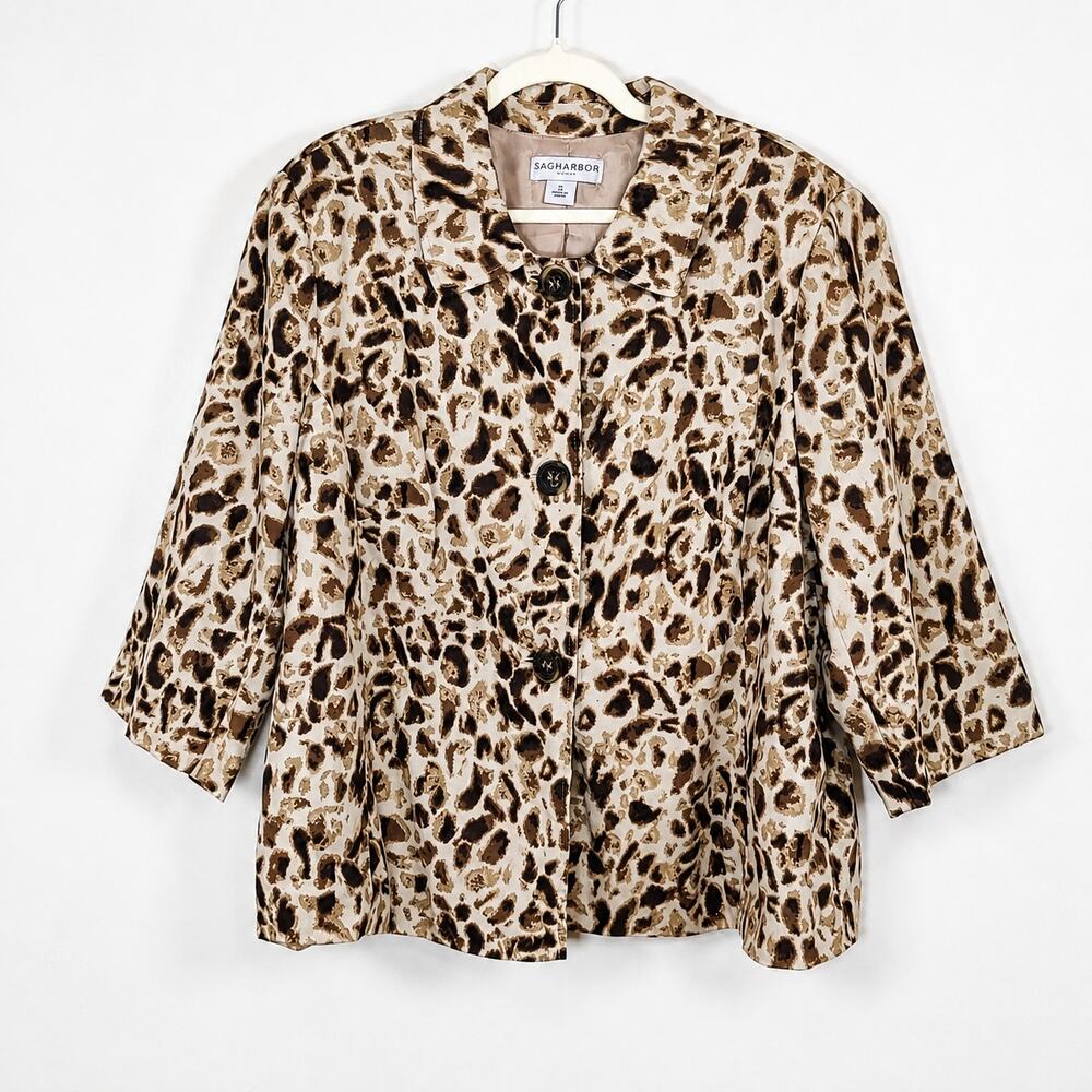 Sag Harbor Linen Cotton Leopard Print‎ Jacket Blazer Animal Print 1X